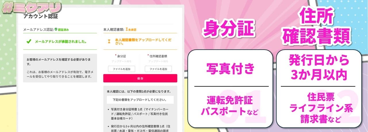 身分証（写真付き、運転免許証・パスポートなど） 住所確認書類（発行日から3か月以内、住民票・ライフライン系・請求書など）