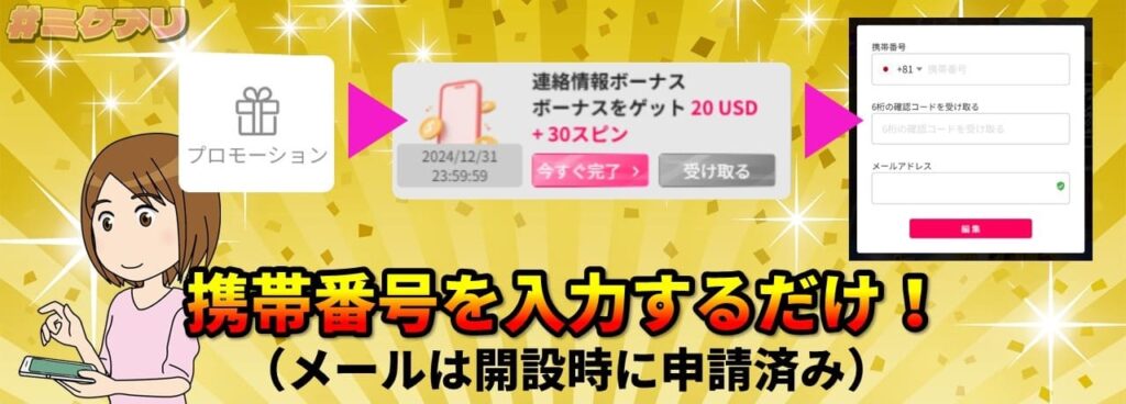 携帯番号を入力するだけ！（メールは開設時に申請済み）