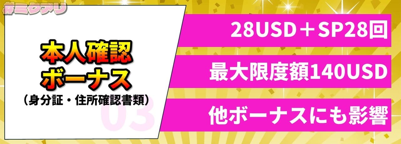 本人確認ボーナス（身分証・住所確認書類） 28USD+SP28回、最大限度額140USD、他ボーナスにも影響