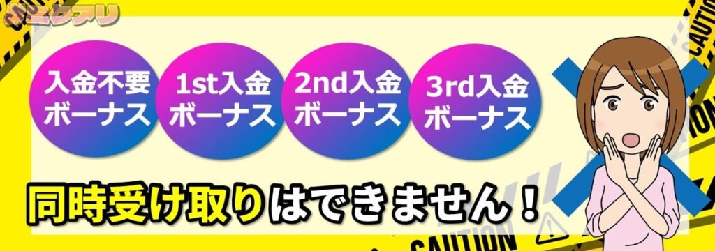 入金不要ボーナス 1st入金ボーナス 2nd入金ボーナス 3rd入金ボーナス 同時受け取りはできません！